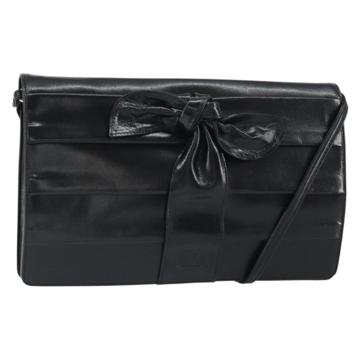 Valentino Shoulder Bag Leather Black Gold Auth Ba9364